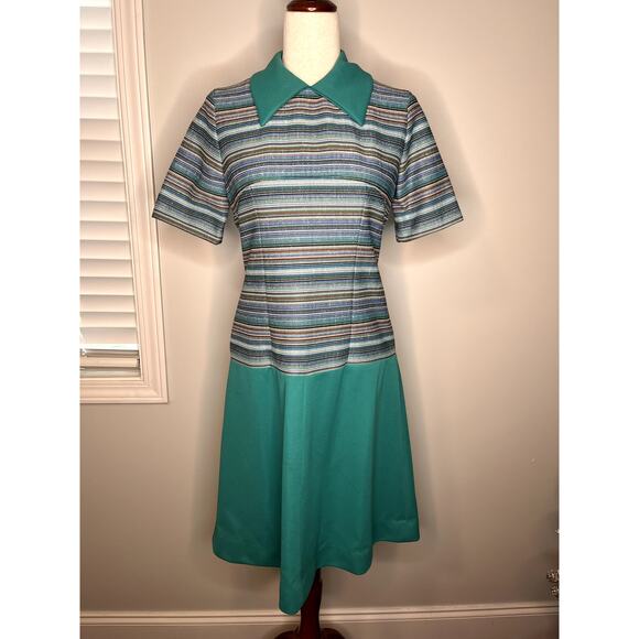 Vintage 1970s Teal Brown Tweed Stripe Disco Drop Waist Dagger Collar Dress M - Picture 1 of 6